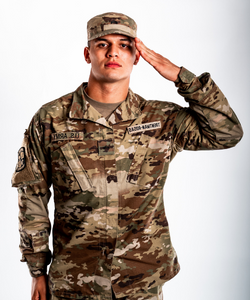 Chance Trentman-Rosas saluting in a military uniform