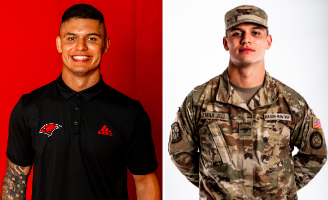 Chance Trentman-Rosas poses in an Army uniform on the left and in a black polo on the right